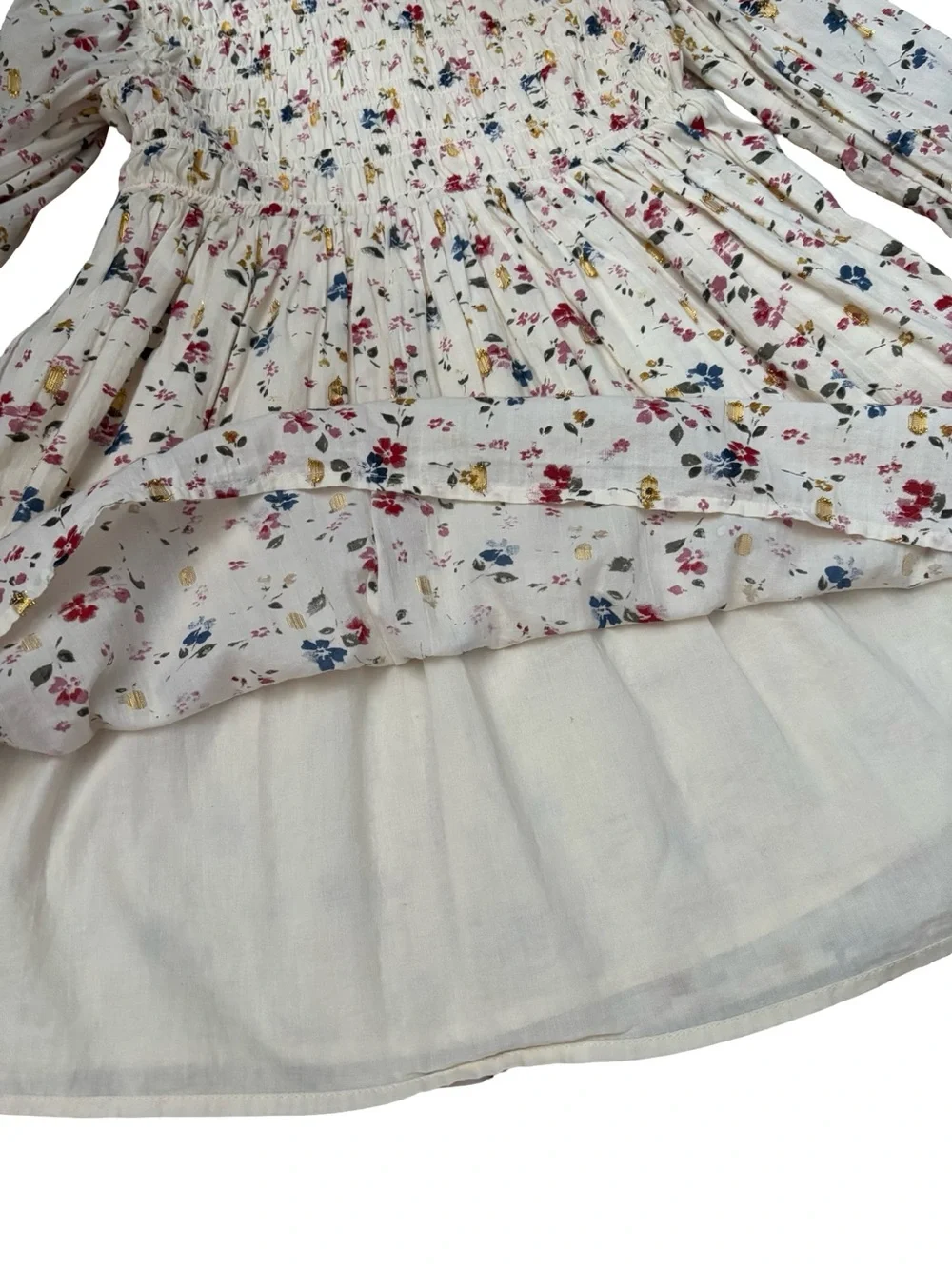 GAP Cream Floral Smocked Long-Sleeve Dress with Gold Accents in Size 6-7